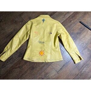 Vintage Nicola Berti Yellow Genuine Leather Hand Painted Jacket Italy Boho Art